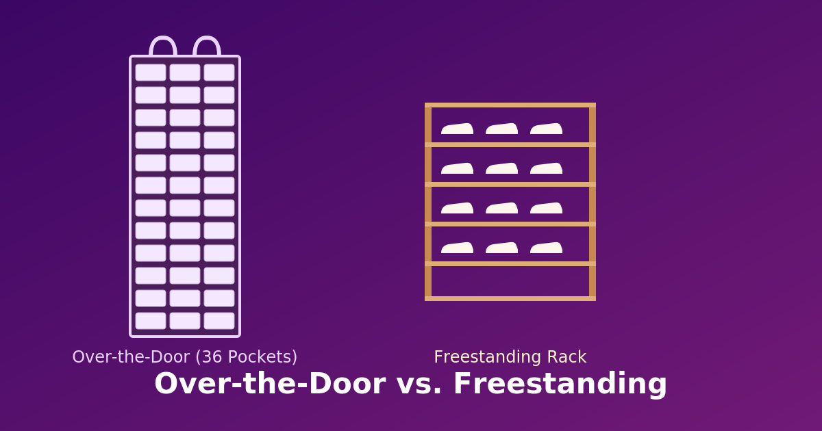 Illustration comparing an over-the-door pocket shoe organizer with 36 pockets to a freestanding wooden shoe rack