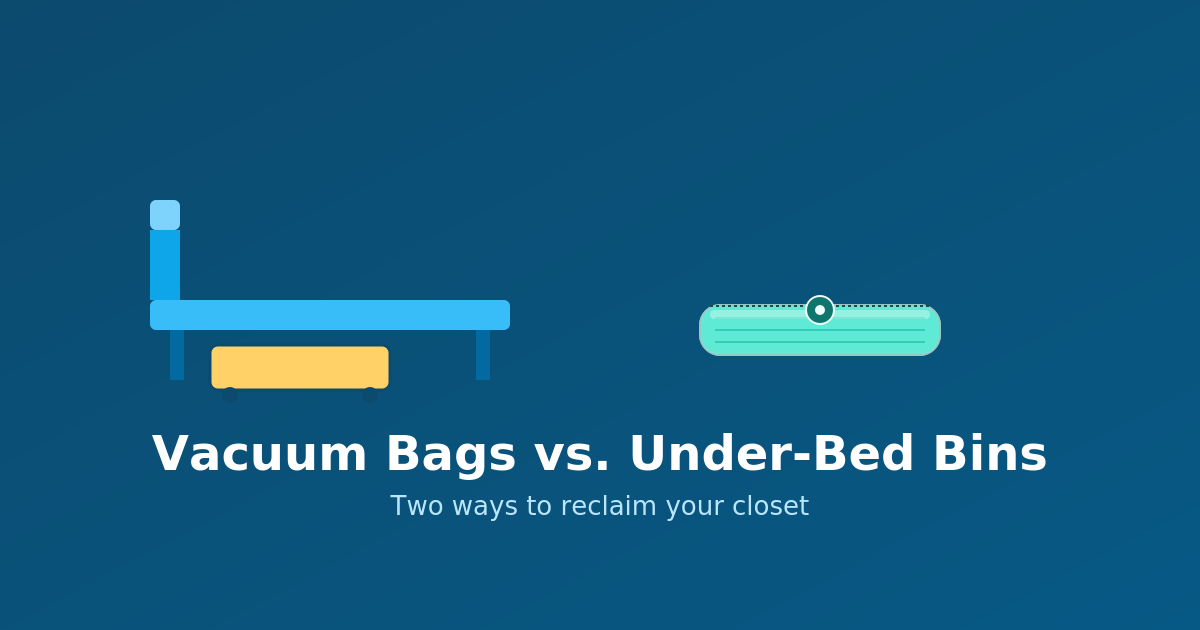 Illustration comparing a vacuum-sealed storage bag with a rolling storage bin under a bed frame